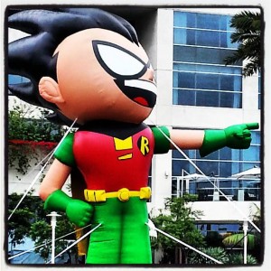 "Ha ha!", says Robin in giant inflatable form outside the Hilton.