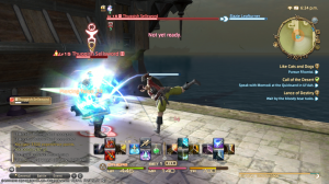 An Elezen lancer fighting. The cross-bar set-up is for the PS3, all in-game images are from the PS3.